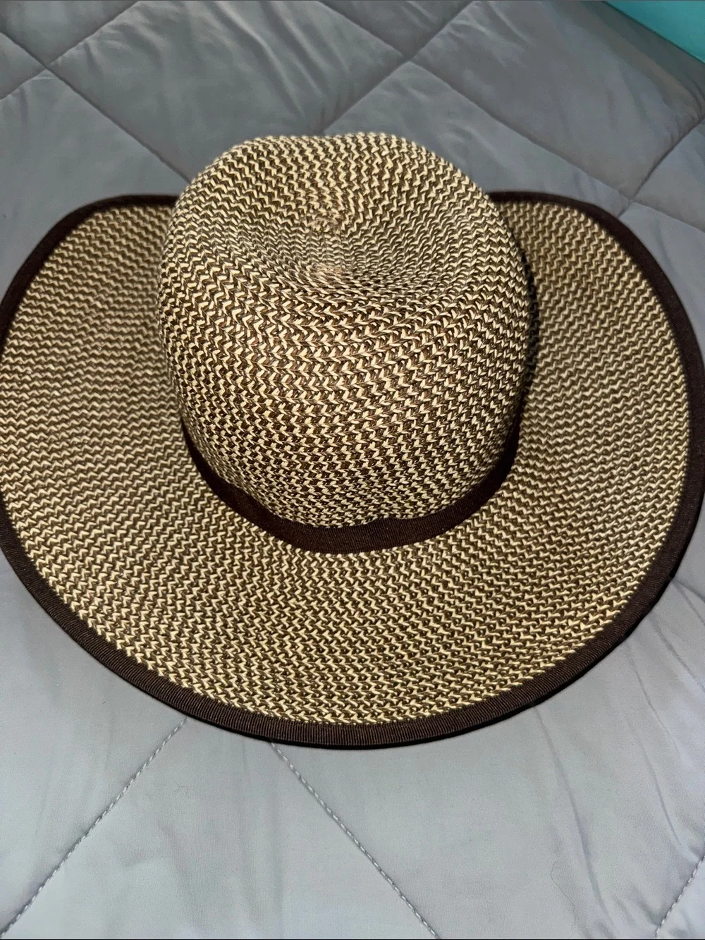 Wide Brim Straw Sun Hat in Natural and Dark Brown Trim