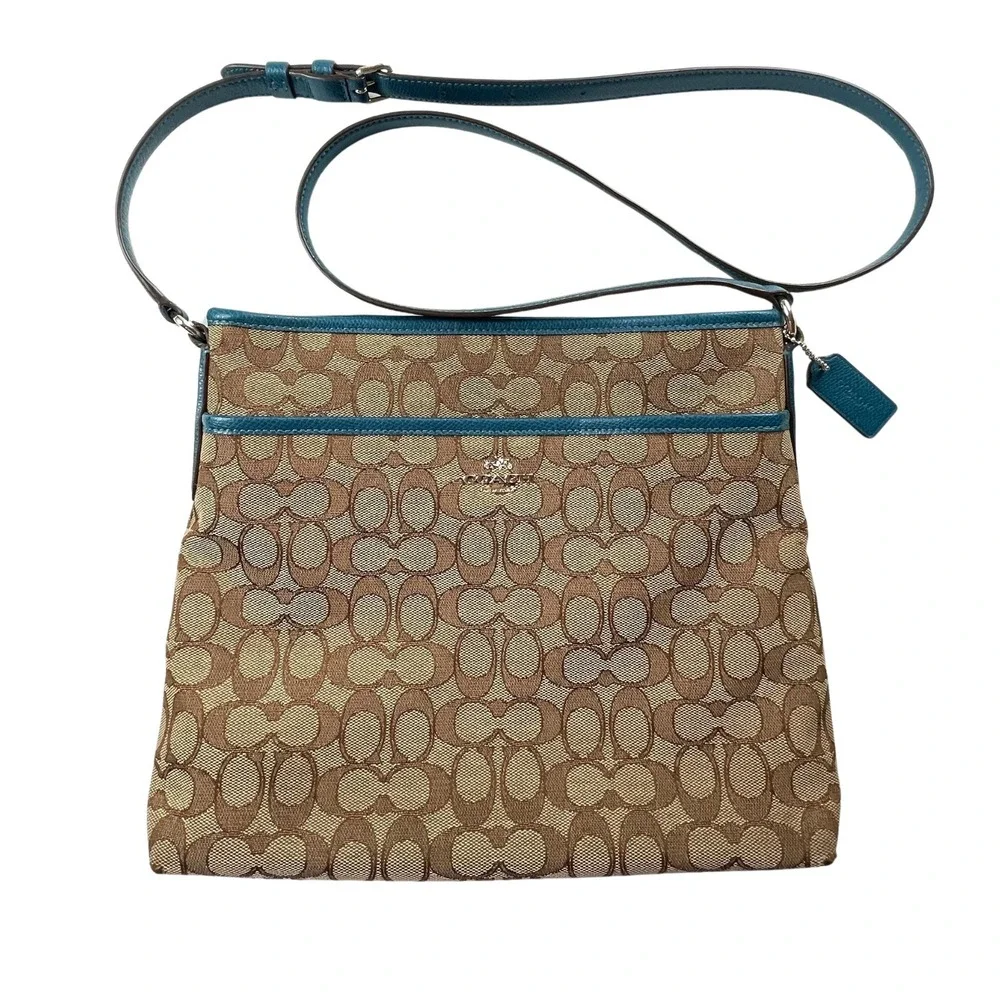 Coach Women Signature Monogram Crossbody Bag Purse Brown Teal Leather Trim *Flaw