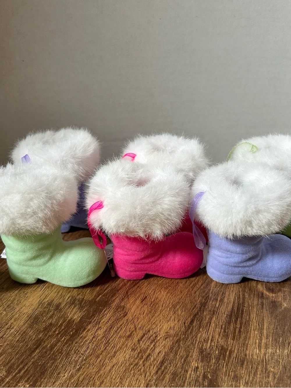 Two’s Company Fuzzy Santa Boot Ornaments Lot Of 6 NWT Multicolor Christmas