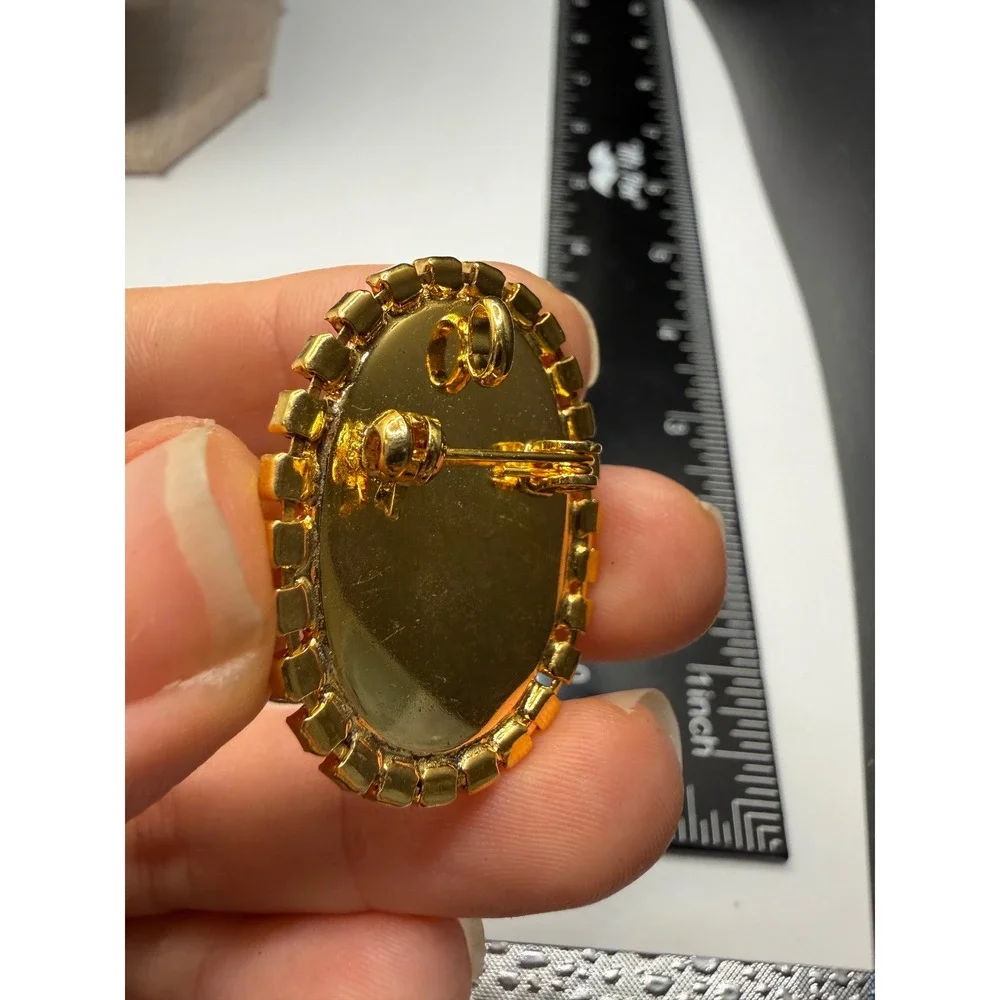 Vintage Gold‎ Tone Black Damascene Floral Brooch Pendant Clear Rhinestone Halo