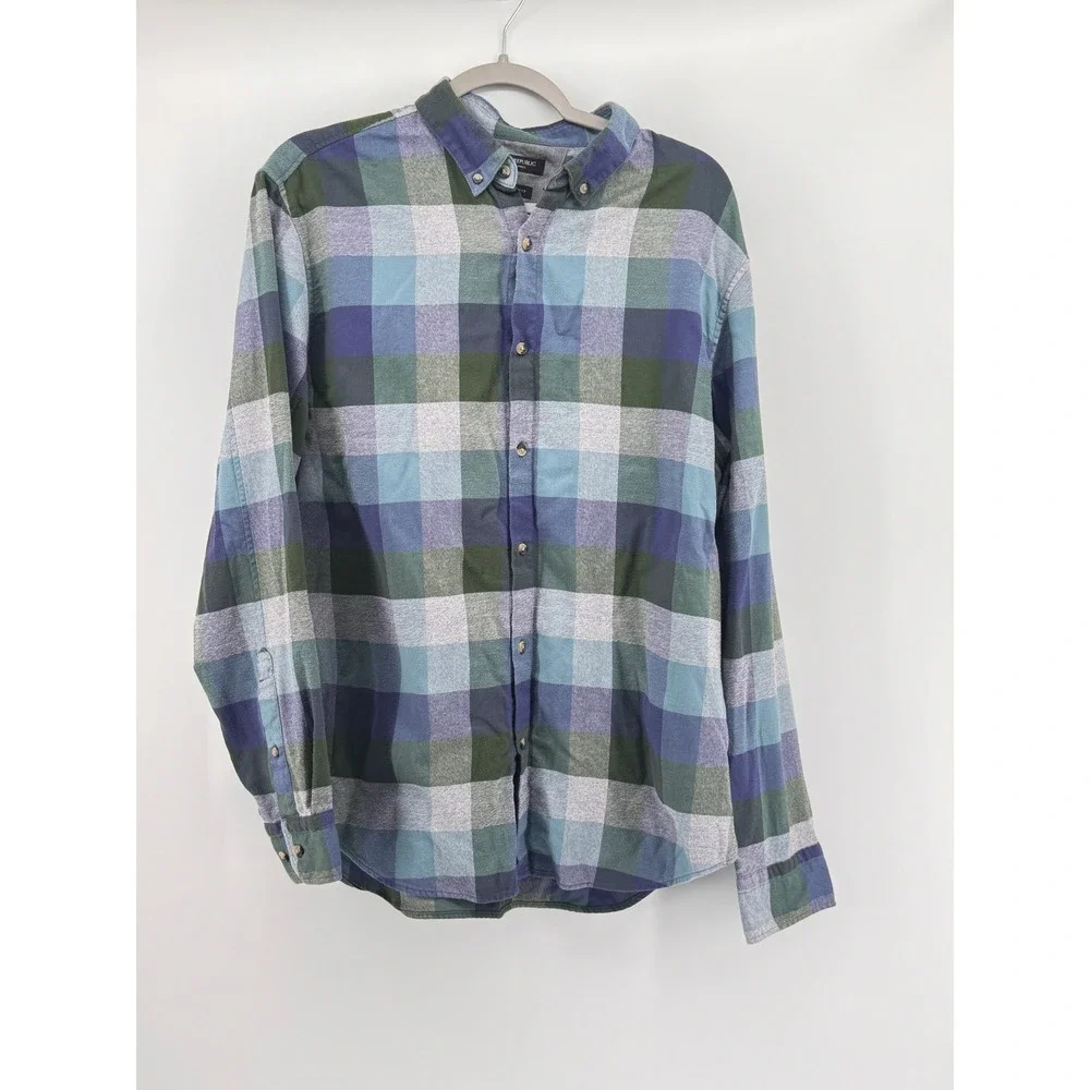 Banana Republic Luxe Flannel Camden Fit Plaid Shirt Mens Large Blue Green L