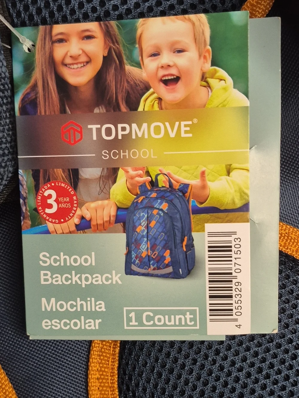 TOPMOVE School Backpack 18in Blue/Orange Geometric Polyester Rain Cover Laptop