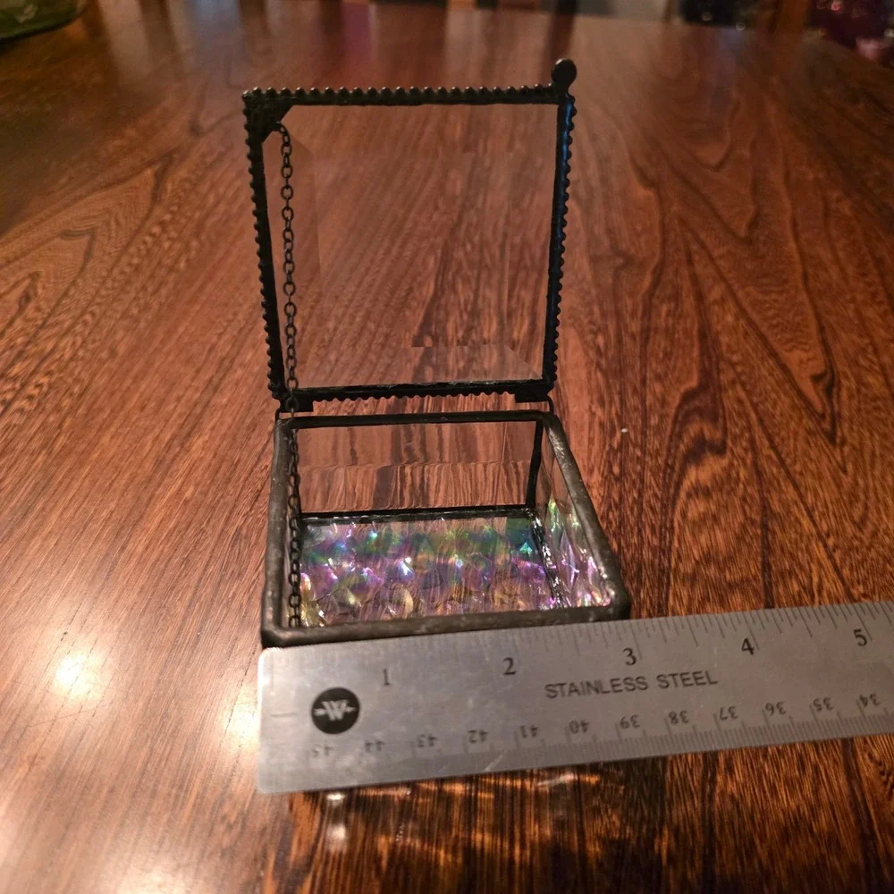 Vintage Iridescent Stained Glass Jewelry Box Beveled Clear Trinket Box Lidded