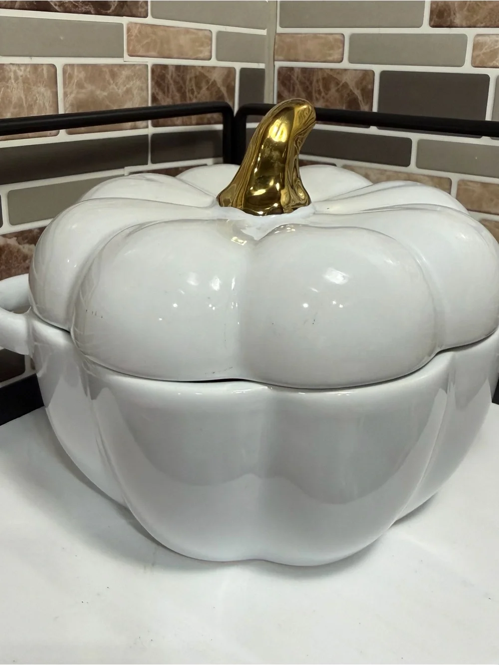 White Ceramic Pumpkin Ramekin Dish with Gold Stem