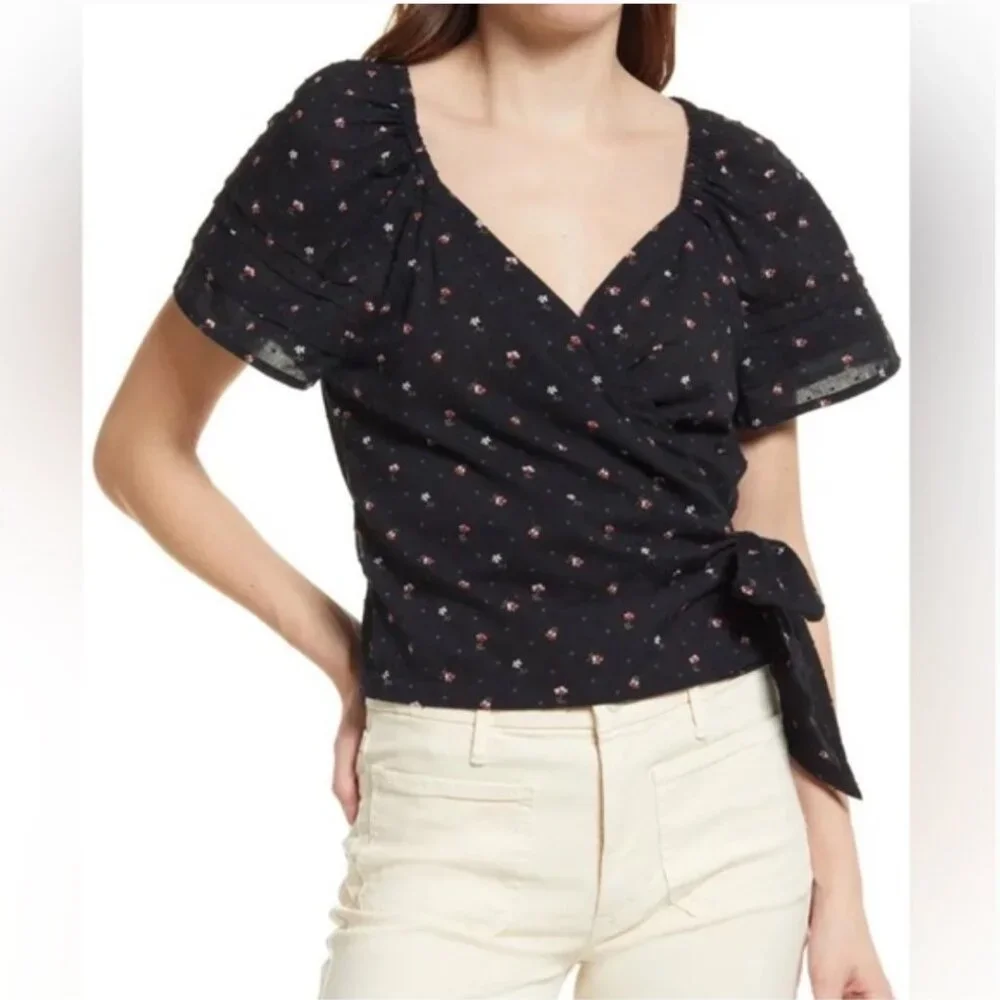 Madewell Black Floral Wrap Blouse