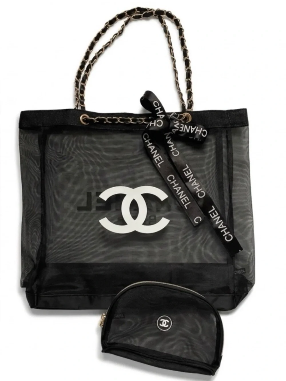 Chanel Black Mesh Tote with Matching Cosmetic Zip Pouch New