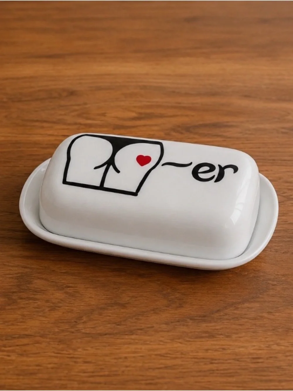White hard plastic Butter Dish with Playful Graphic