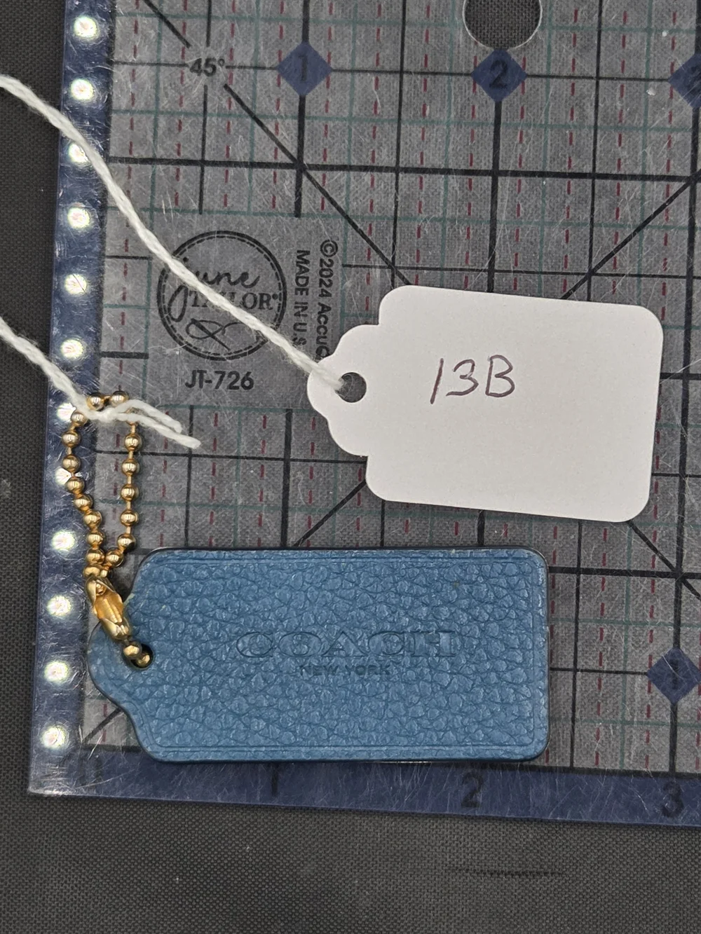Coach Pebbled Leather Bag Tag in Blue with Gold Ball Chain
