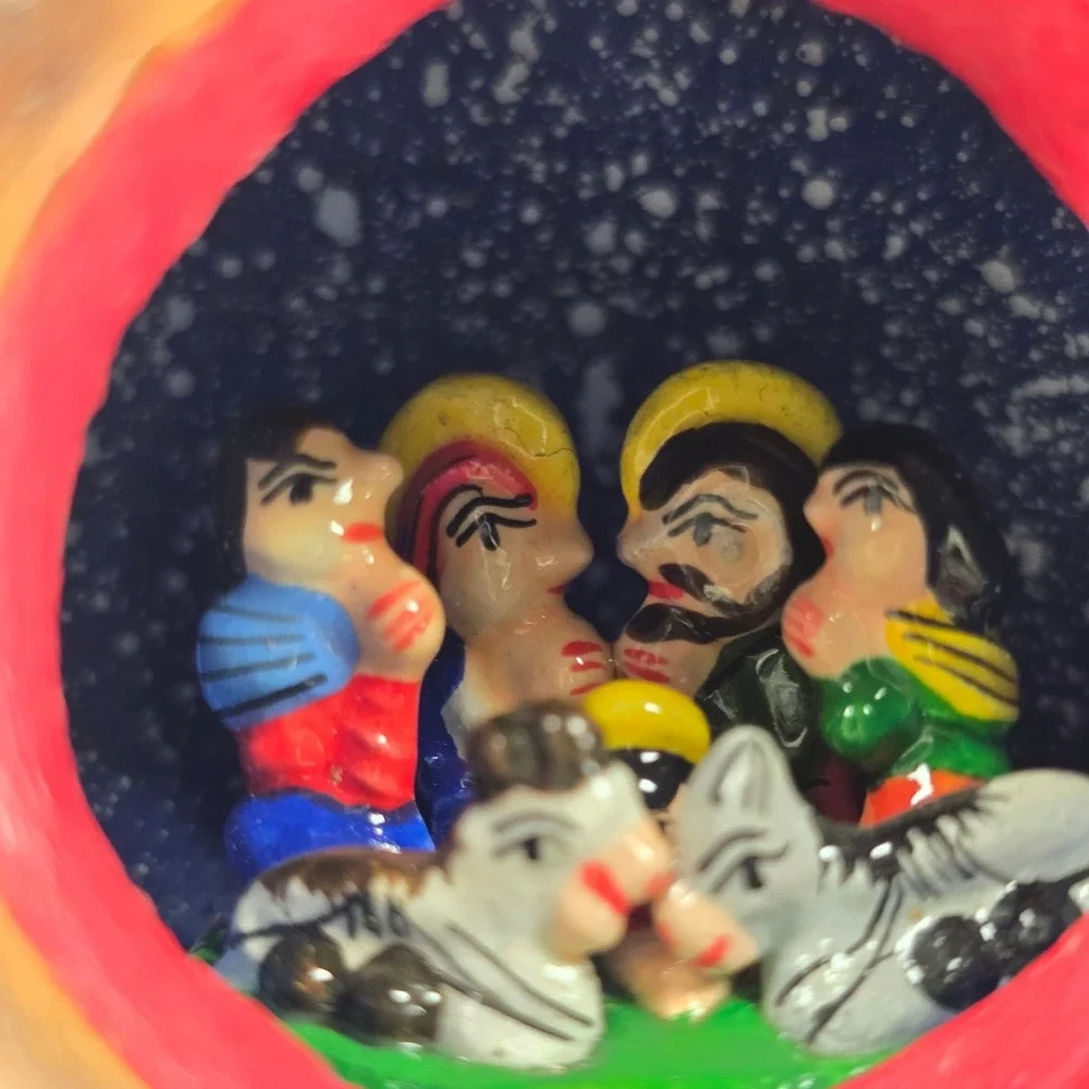 Vintage Peruvian Hand Carved Gourd Nativity Ornament Folk Art Miniature Scene