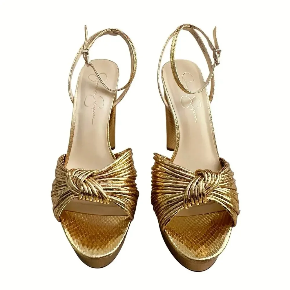 Jessica Simpson Immie Gold Metallic Platform Sandals Women 9.5 Block Heels