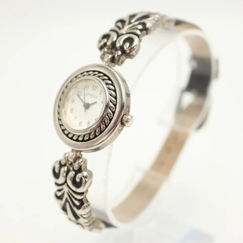 Vintage Geneva Silver Tone Patina 26mm Womens Watch Victorian w New Battery