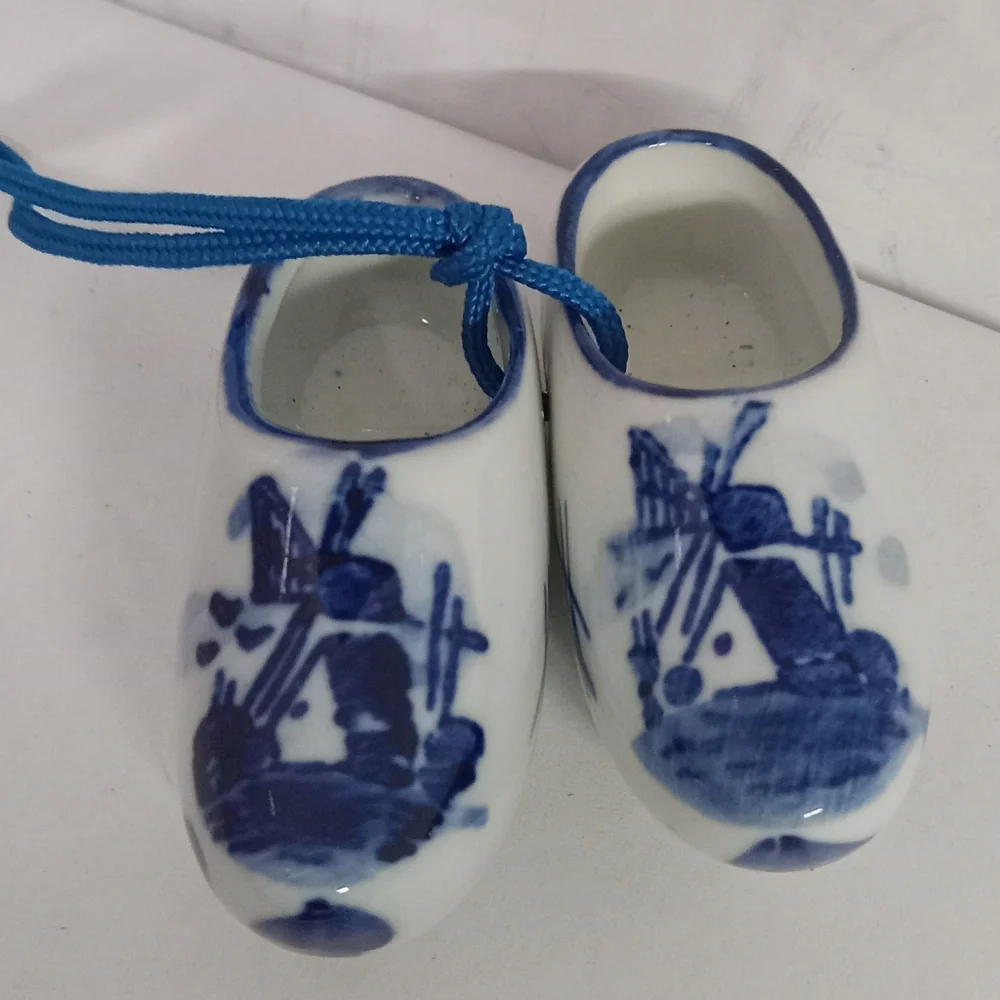 Delft Pottery Miniature Clog Shoes , Ornament Dutch Blue & White Windmill