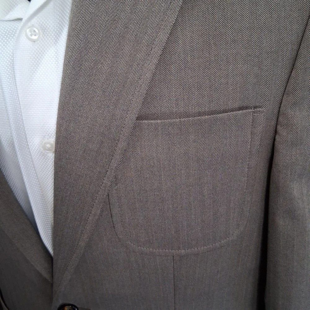 Murano Blazer L Slim Fit Tan Herringbone Unstructured Patch Pocket Double Vent