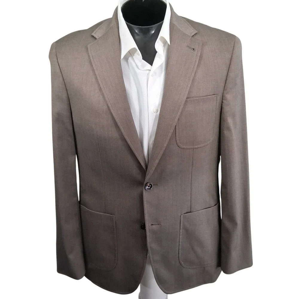 Murano Blazer L Slim Fit Tan Herringbone Unstructured Patch Pocket Double Vent