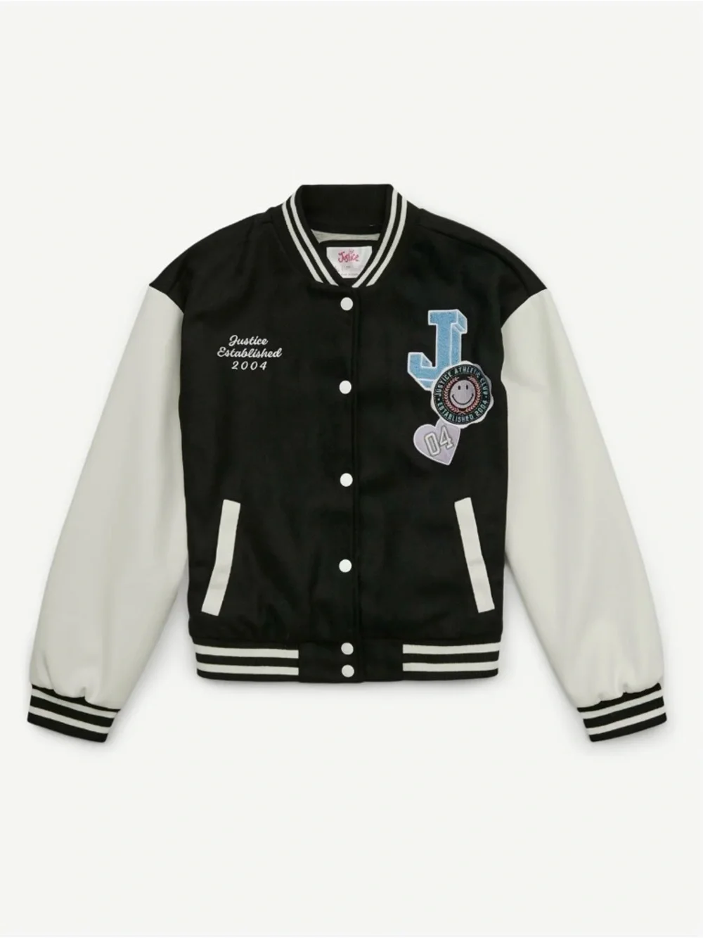 NWT - Justice Black and White Letterman Bomber Jacket with Patches