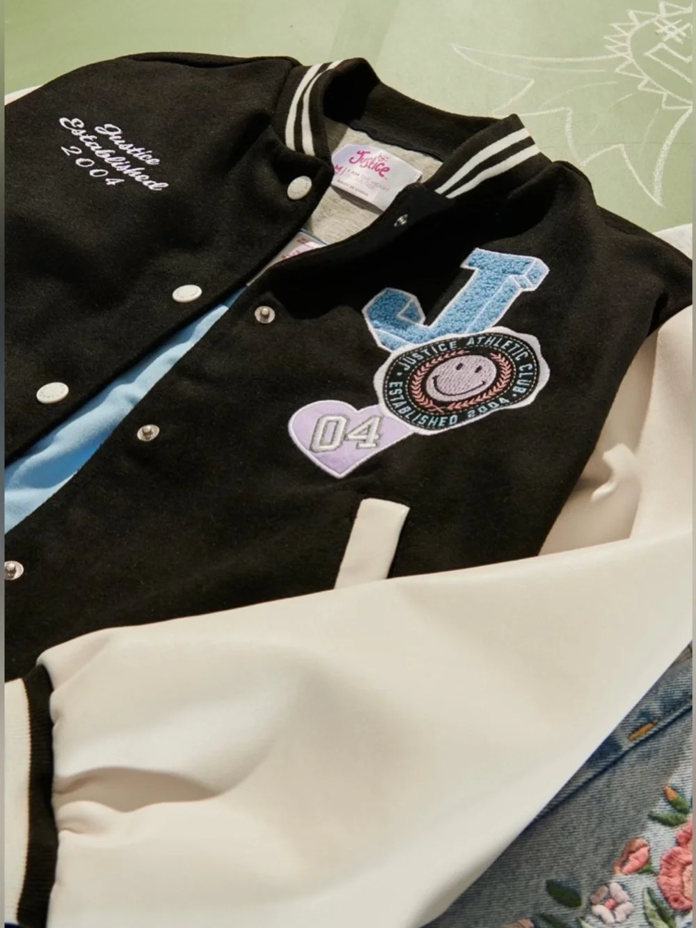 NWT - Justice Black and White Letterman Bomber Jacket with Patches