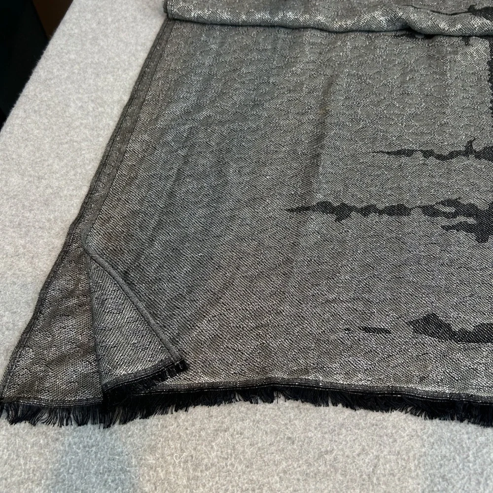 Silver Black Metallic Scarf Wrap Abstract Fringe Minimalist Neutral Accessory