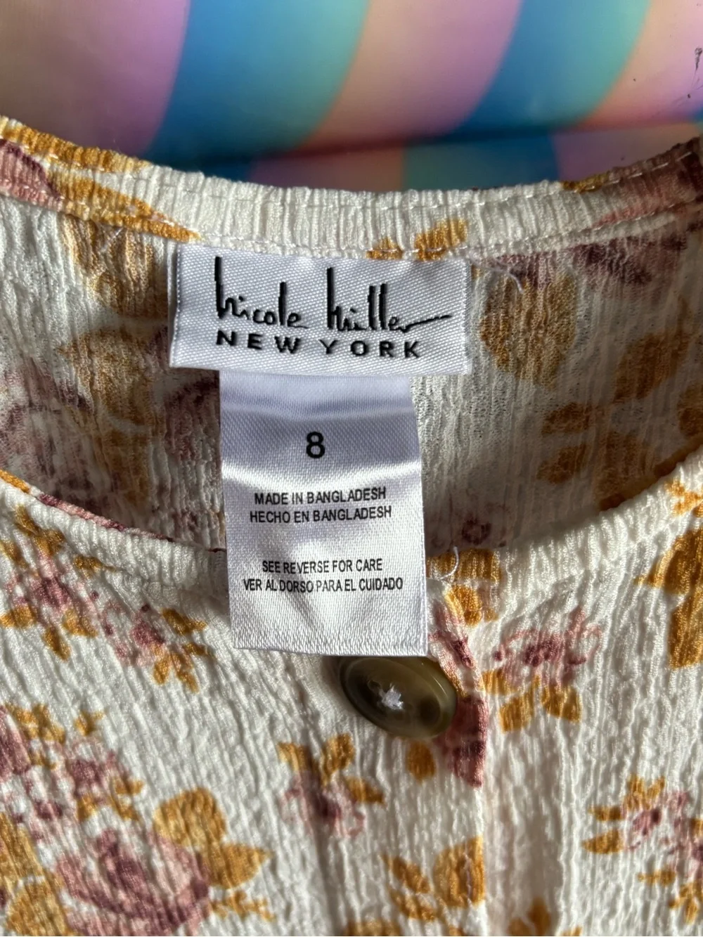 Nicole Miller White Dress with Pink Floral and Mustard Leaves