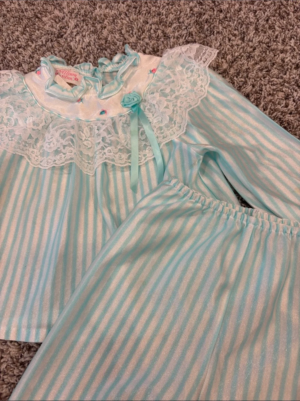 Allison Ann Girls' Light Blue and White Striped Lace-Collar Vintage Pajama Set