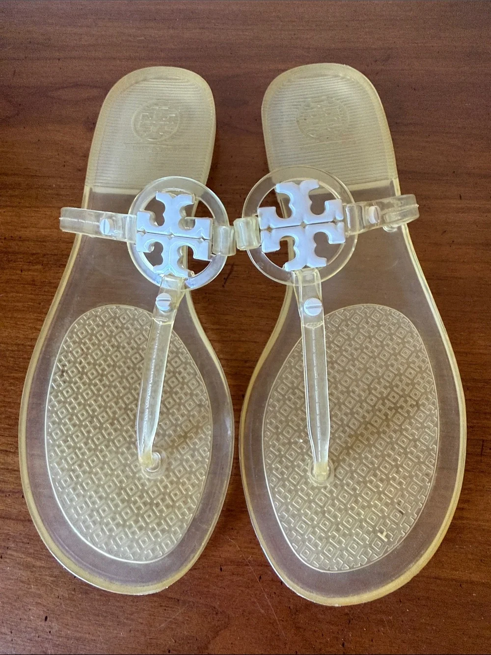 Tory Burch Clear Jelly Thong Sandals with White Logo Medallion