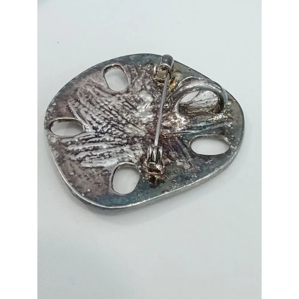 Vintage Sand Dollar Brooch Pendant Silver Tone Coastal Nautical 1.75” Seaside