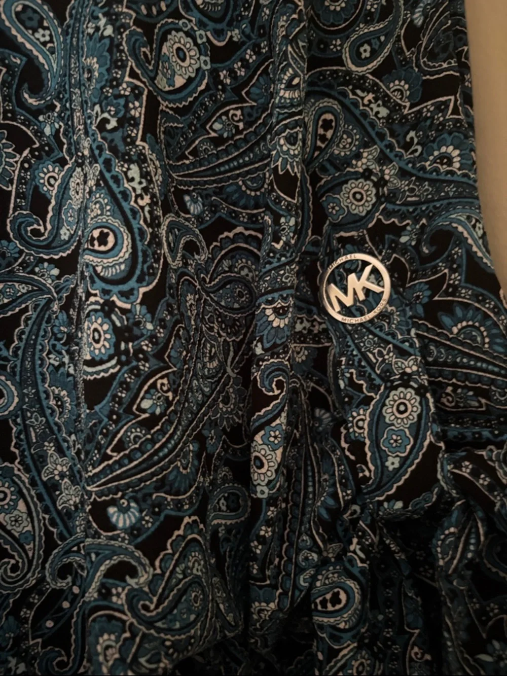 Michael Kors Teal and Navy Paisley Puff-Sleeve Top