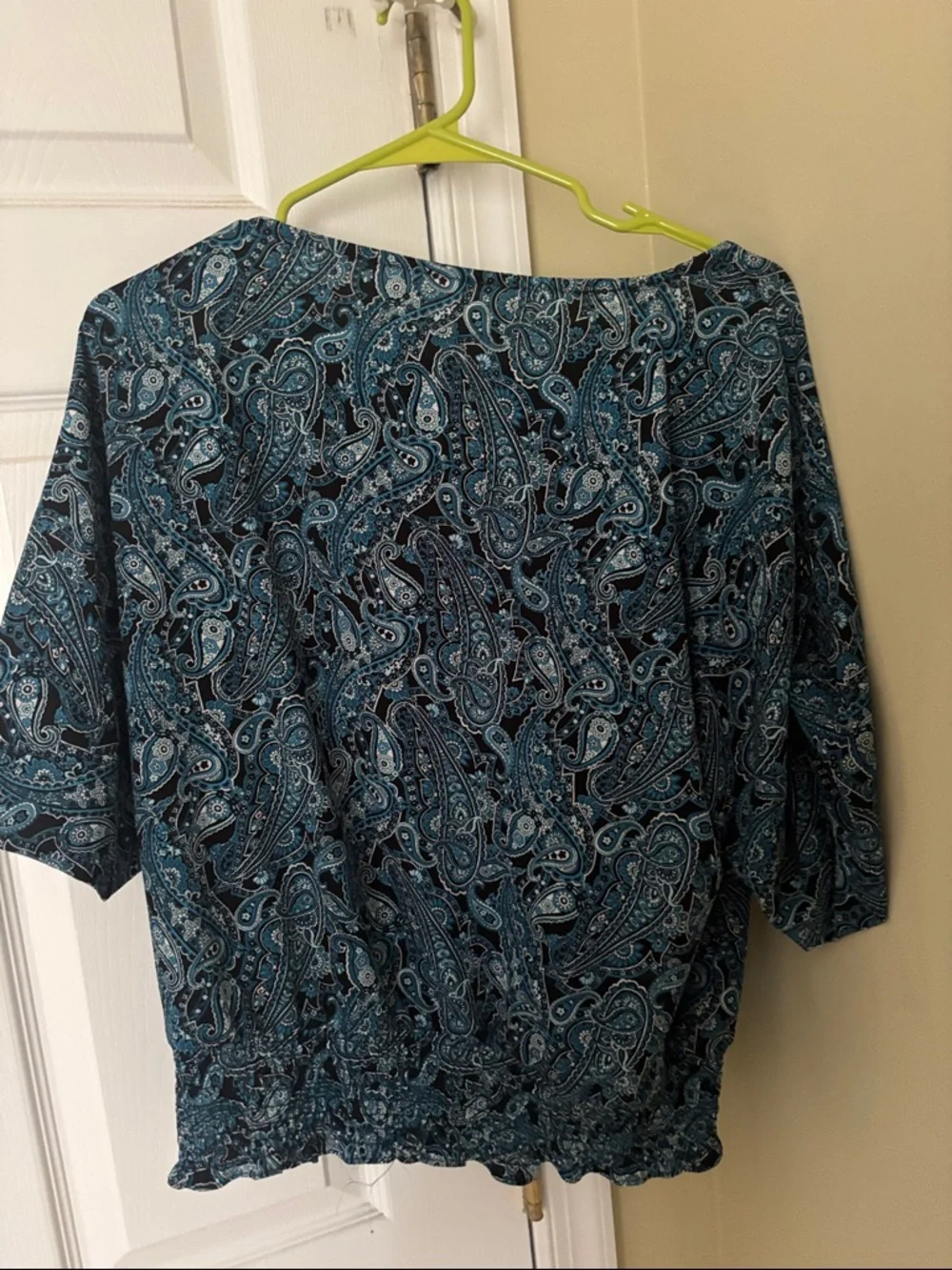 Michael Kors Teal and Navy Paisley Puff-Sleeve Top