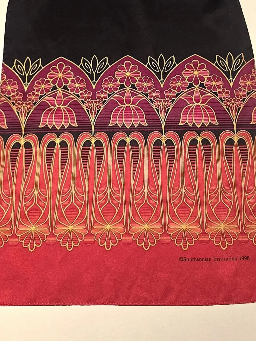 Scarf; Art Nouveau design in black red gold fuschia; rectangle; Smithsonian Inst