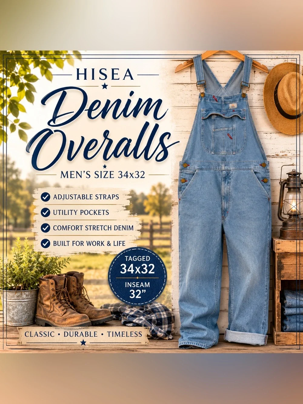 HISEA Men’s Denim Bib Overalls 34x32 Light Wash Utility Workwear Carpenter Denim