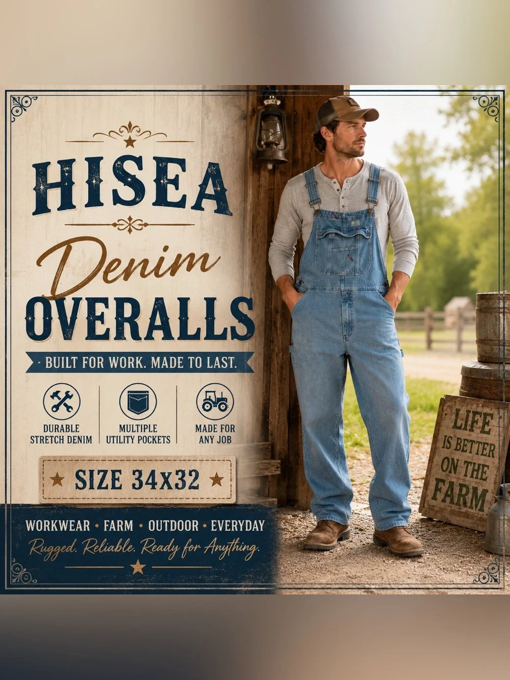 HISEA Men’s Denim Bib Overalls 34x32 Light Wash Utility Workwear Carpenter Denim