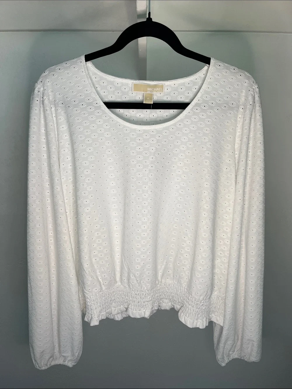 Michael Kors White Eyelet Long Sleeve Top with Smocked Hem