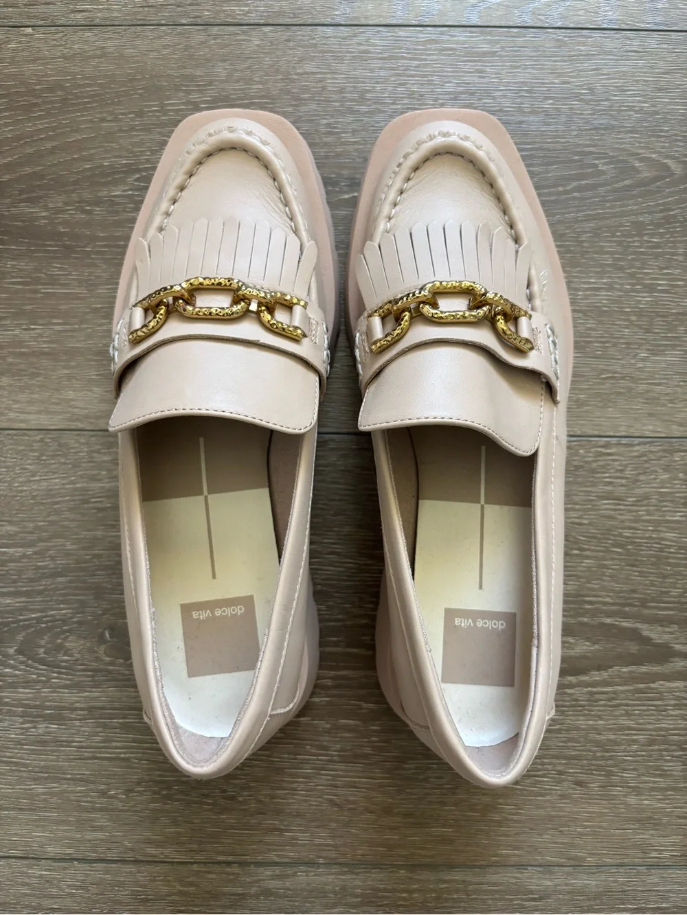 Dolce Vita Cream Fringe Loafers with Gold Chain Detail