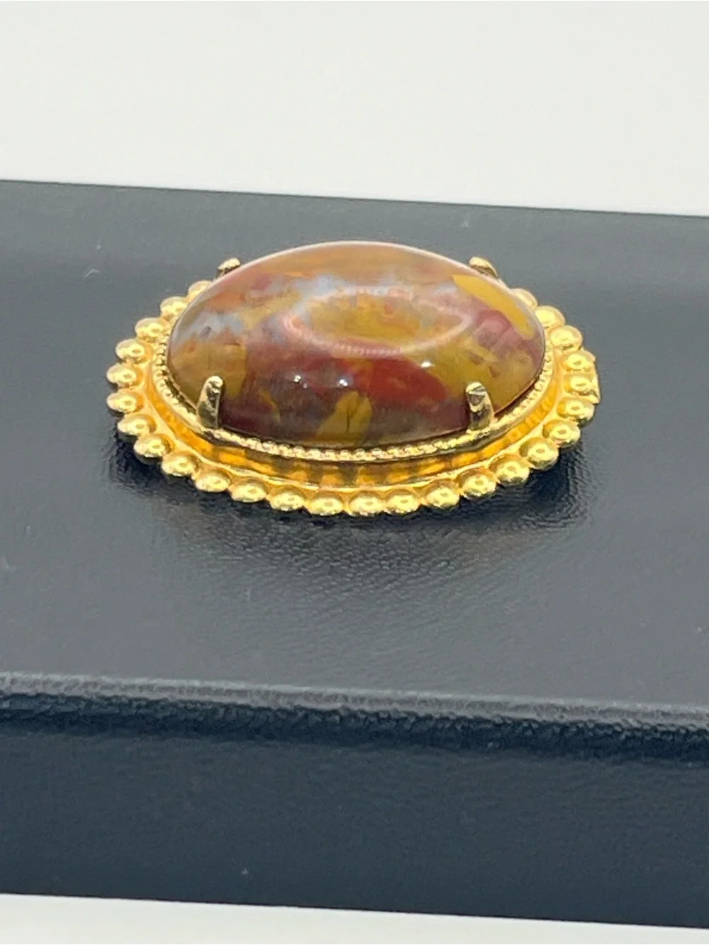 Orange red oval faux stone beaded scalloped edge gold tone vintage brooch pin