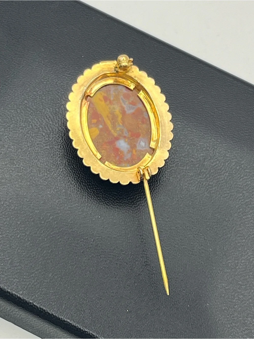 Orange red oval faux stone beaded scalloped edge gold tone vintage brooch pin