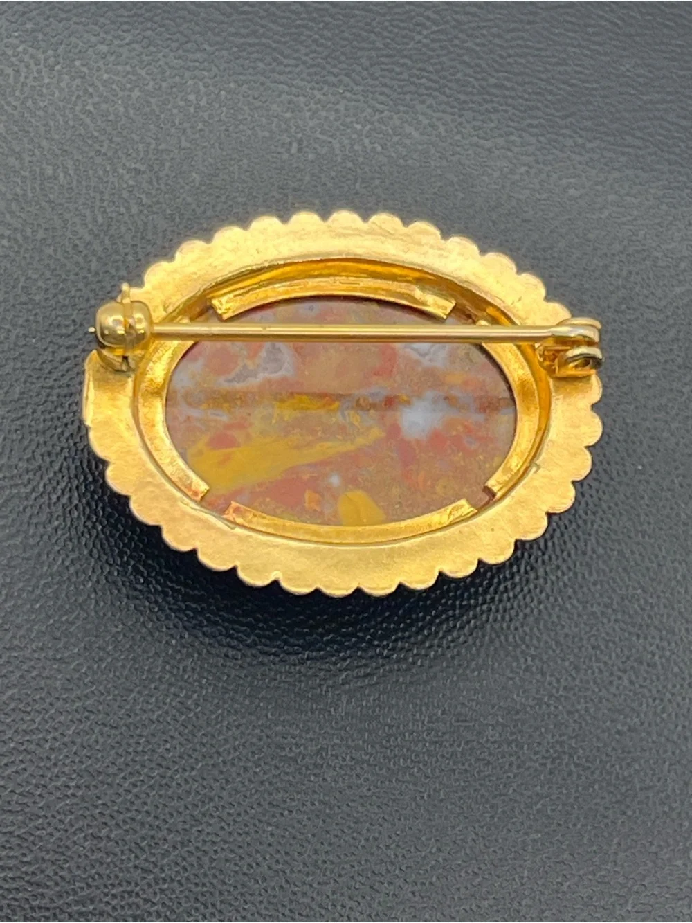 Orange red oval faux stone beaded scalloped edge gold tone vintage brooch pin