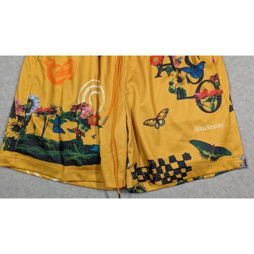 Almost Someday Men Shorts XL Floral Art Mesh Drawstring Retro Relax Fit‎