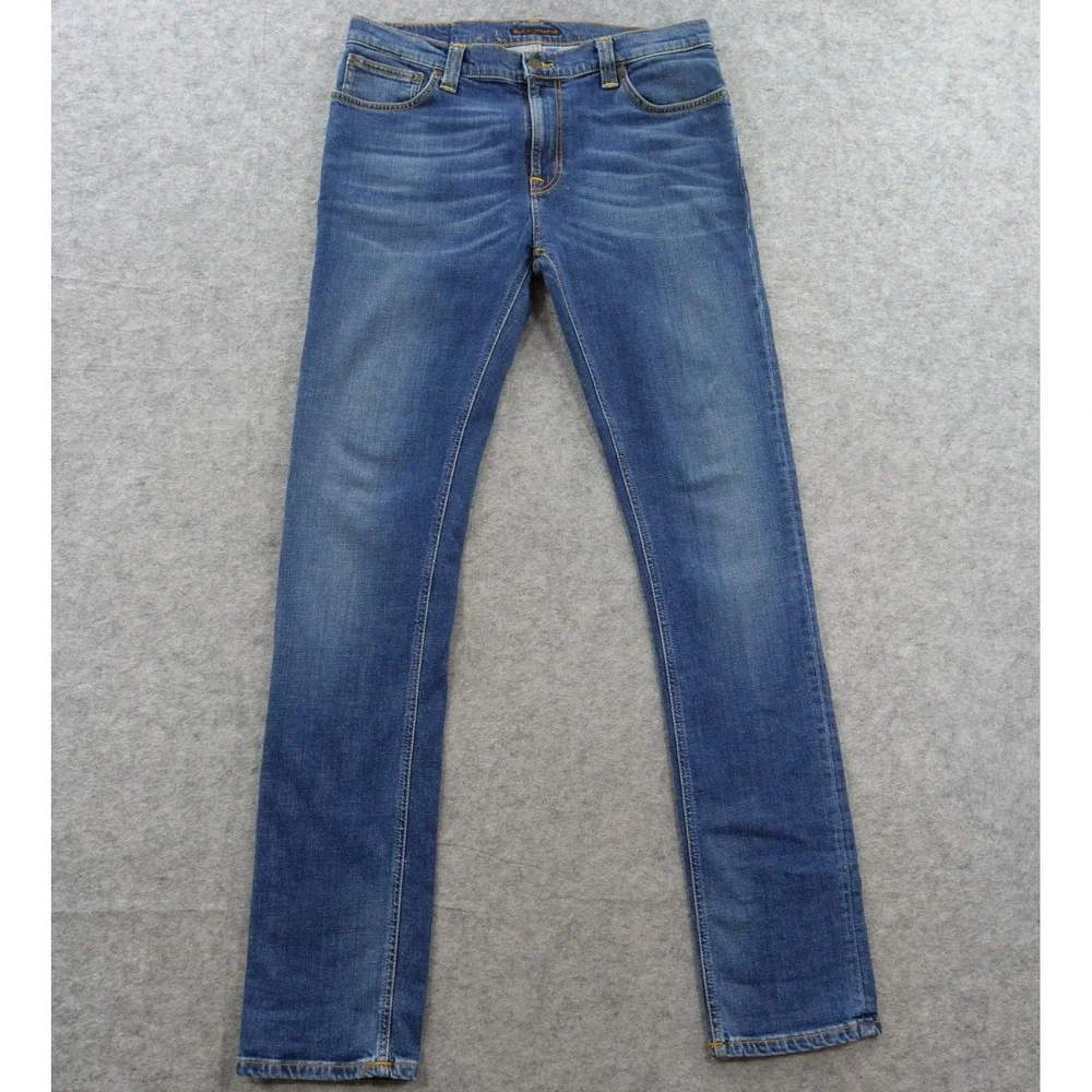 Nudie Jeans Mens 34 Blue High Kai Slim Straight Mid Rise Denim Zip Fly Organic