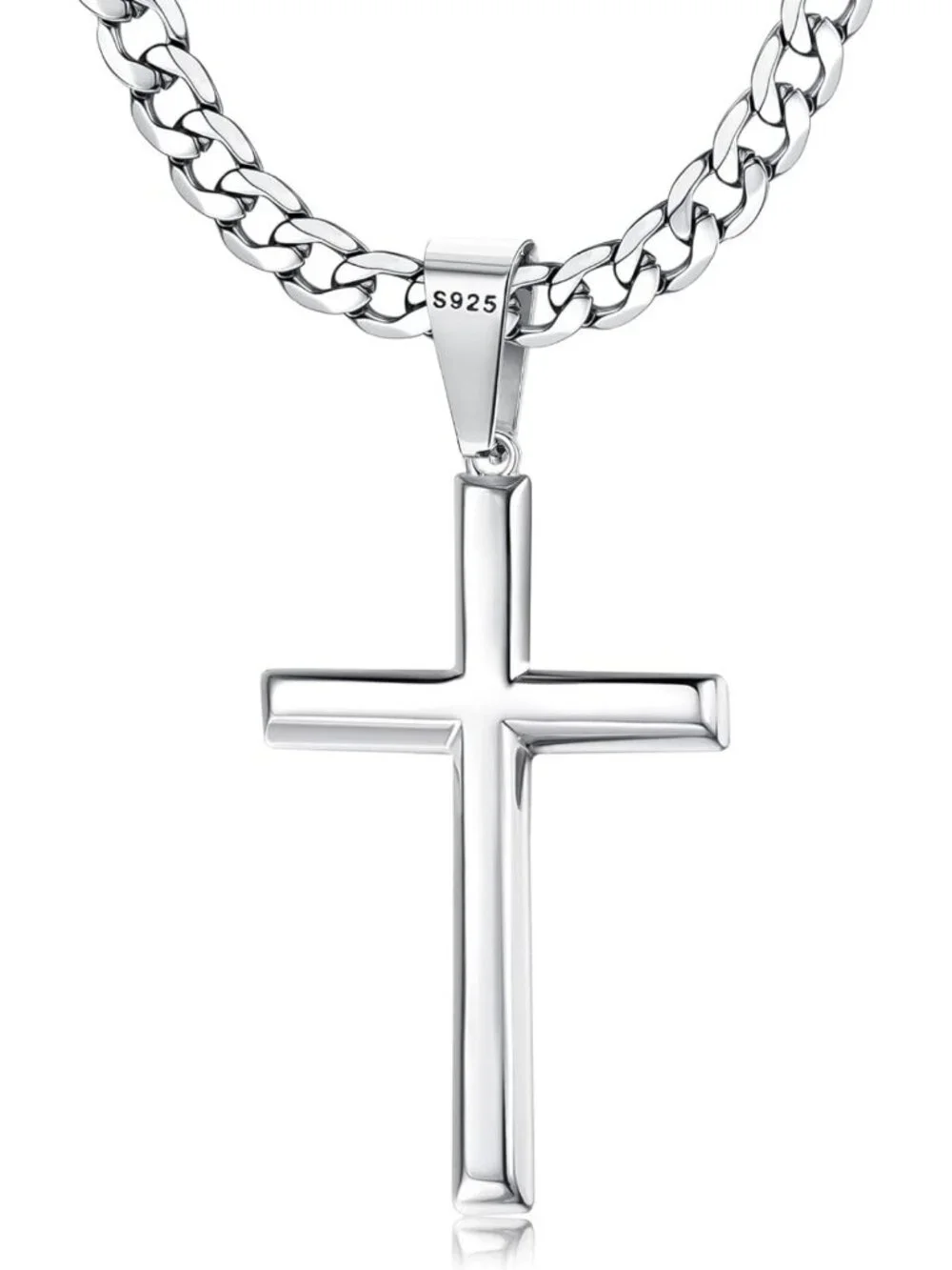 925 Sterling Silver Cross Necklace for Men & Women - Durable Cuban Link Chain
