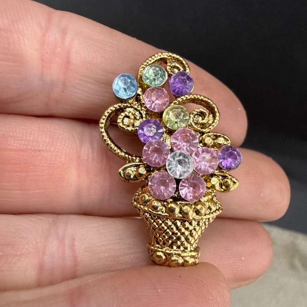 Vintage Rhinestone Brooch Flower‎ Basket Fruit Salad Gold Tone Pastel