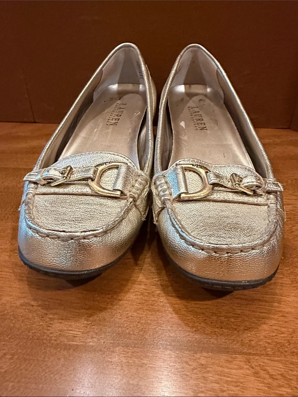 Lauren Ralph Lauren Metallic Gold Leather Loafers with Buckle