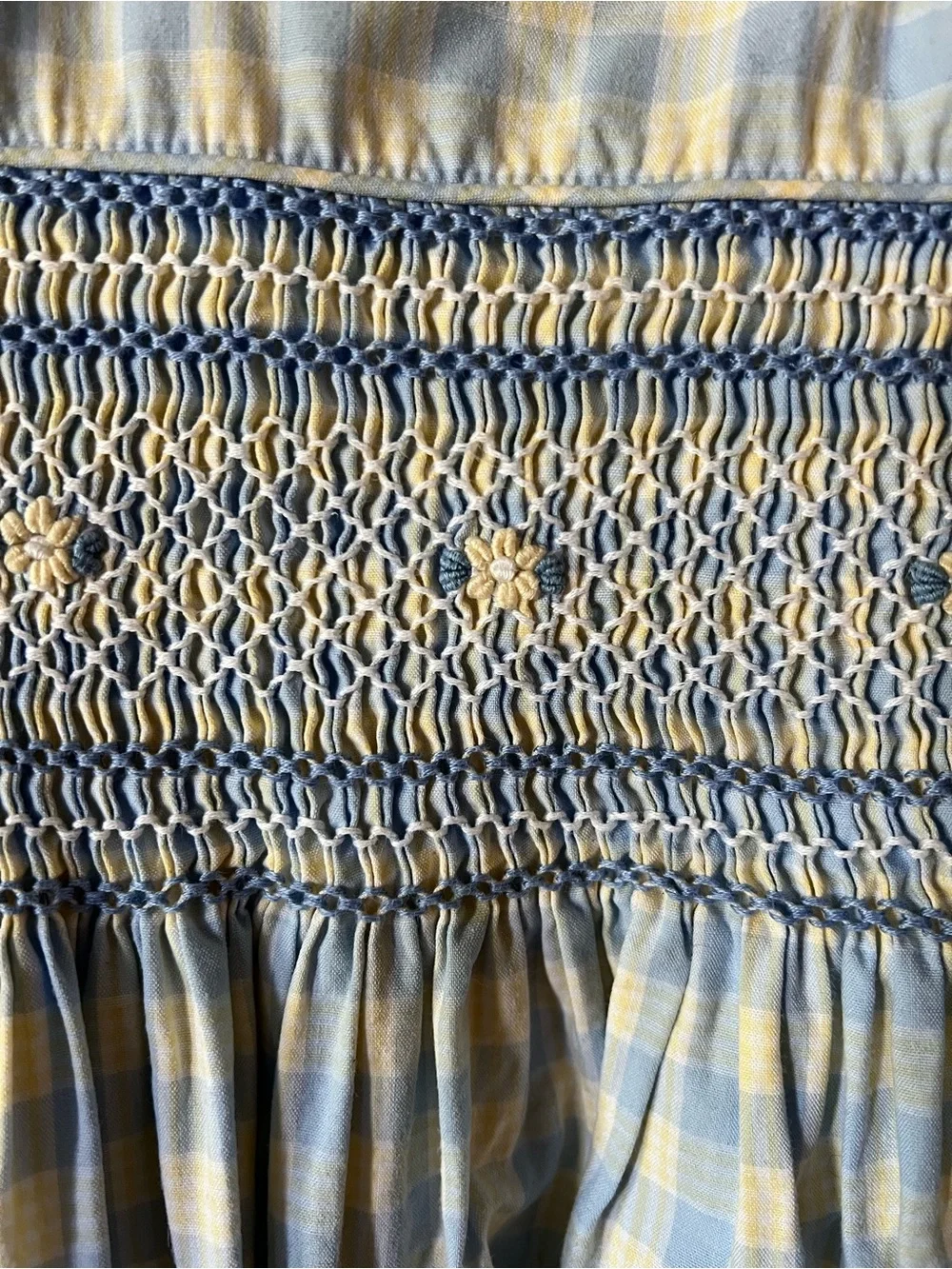 Strasburg Yellow and Light Blue Gingham Smocked Girls Dress