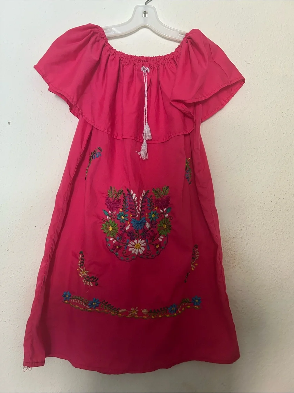 Girls' Hot Pink Embroidered Off-Shoulder Dress