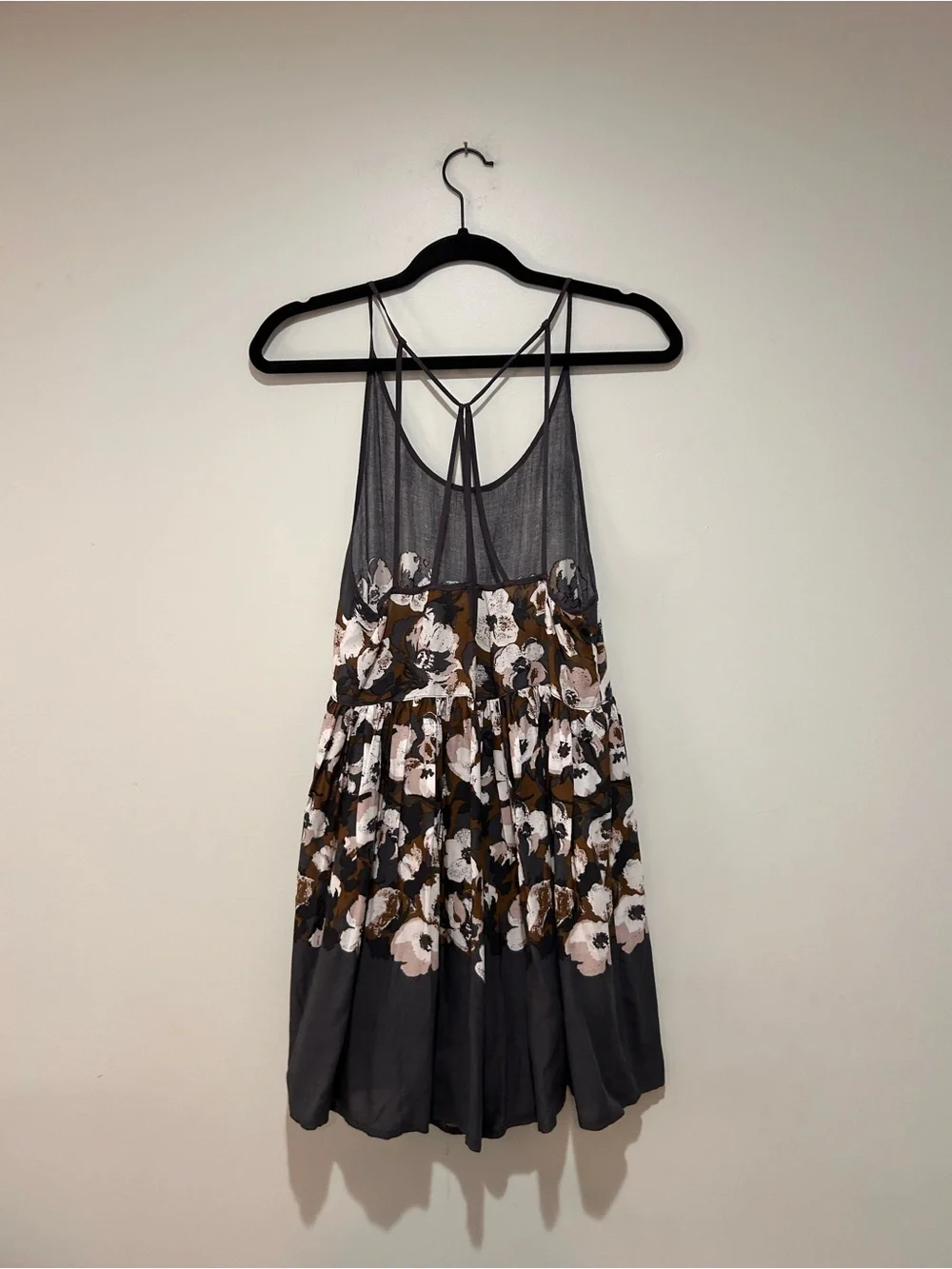 Free People Charcoal Gray Floral Spaghetti-Strap Mini Dress
