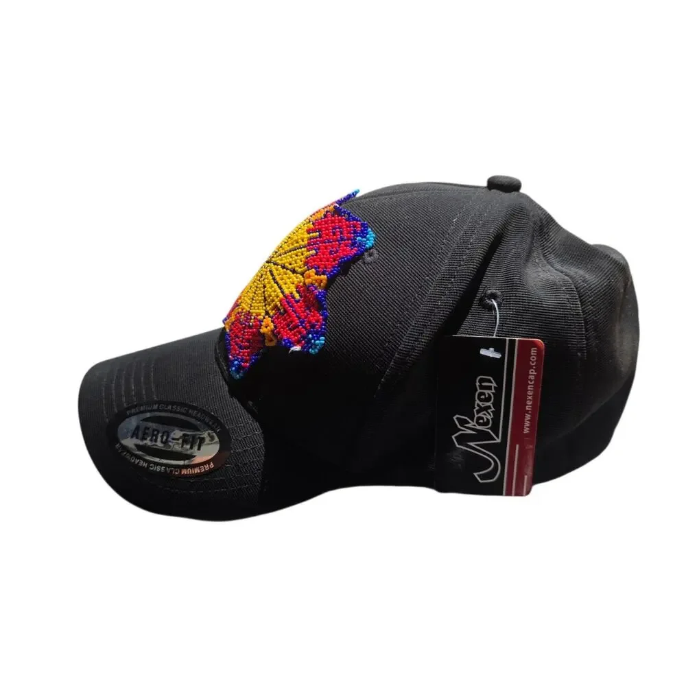 Mexican Huichol Fitted Baseball Cap Hat Handmade Black Beads Stretch Fit M/L