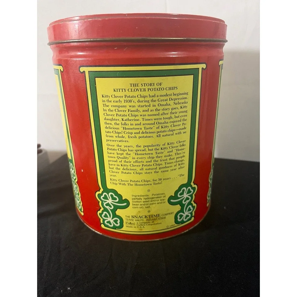 Kitty Clover Potato Chips Tin Vintage 1983 Red 14oz Good Condition Advertising