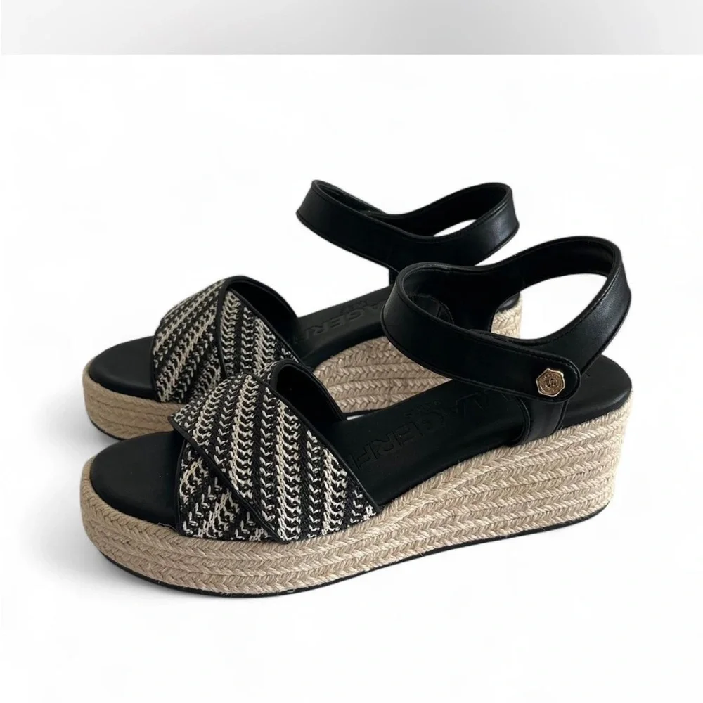 Karl Lagerfeld Paris Espadrille Platform Wedge Sandals Black Cream Sz 10
