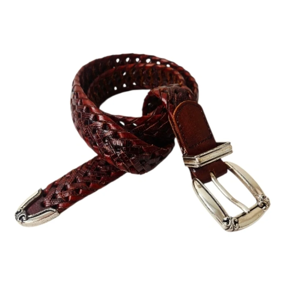 Fossil Brown Braided Leather Western Belt Silver Buckle Small