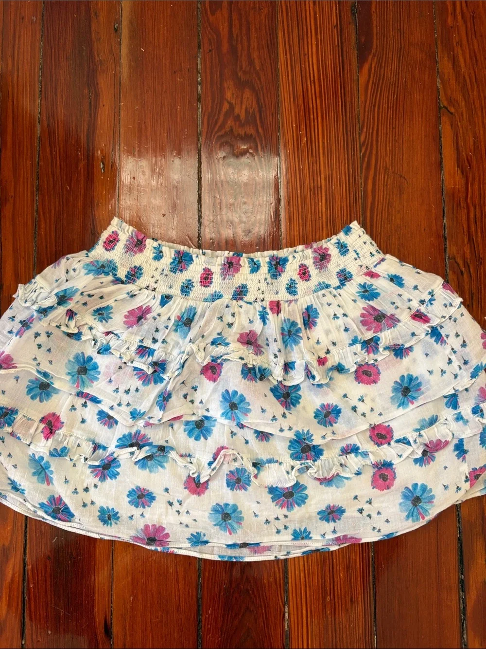 LoveShackFancy: White Tiered Floral Skirt with Blue & Pink Blooms