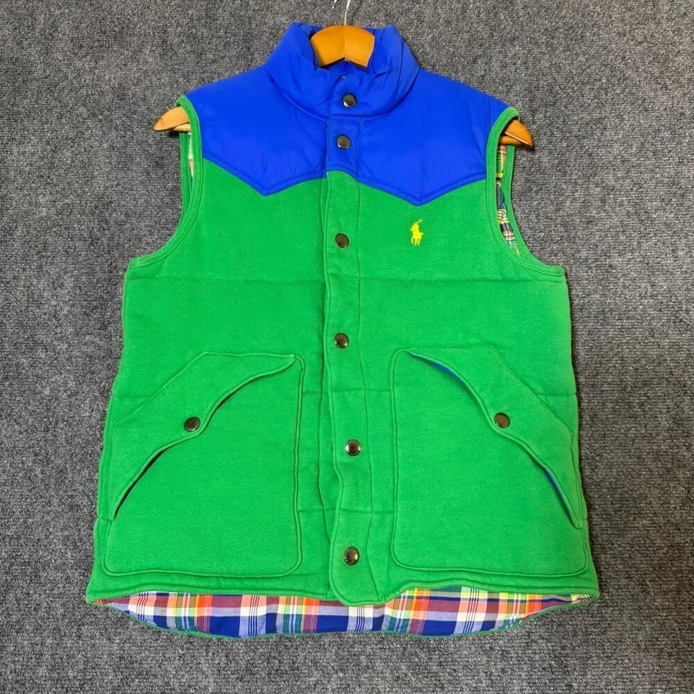 Polo Ralph Lauren Green/Blue Down Insulated Snap Front Puffer Vest Mens Small