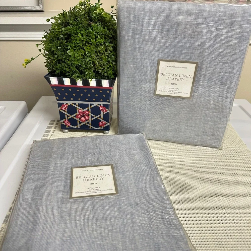 Restoration Hardware Belgian Linen Drapery 2 Pc Grayish Blue 50 x 108 inch NEW